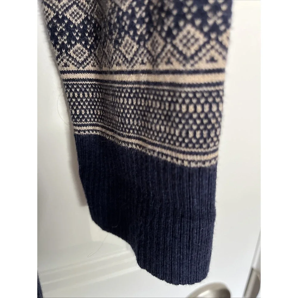 BASS USA S Navy Blue Beige DEER Knit Open Front LONG CARDIGAN Sweater FAIR ISLE